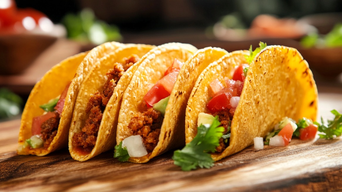 Four crispy corn tacos filled with spiced ground meat and fresh pico de gallo, served on a rustic wooden board