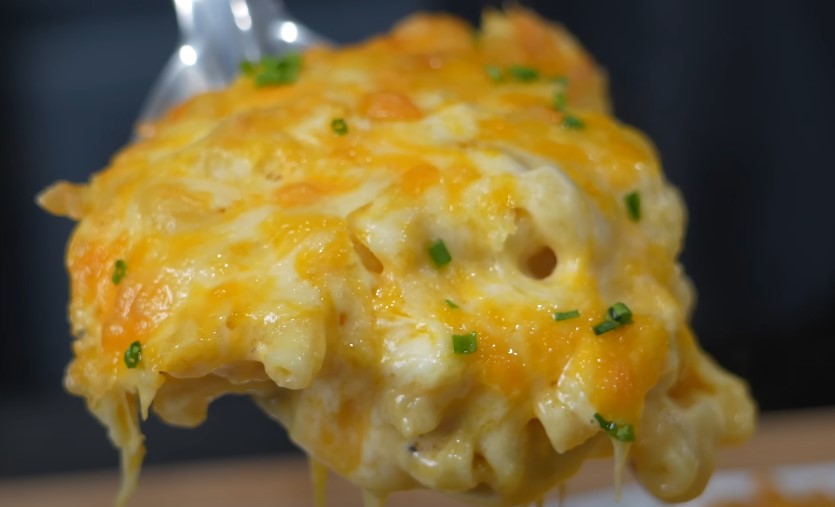 Close up view of melty mac and cheese