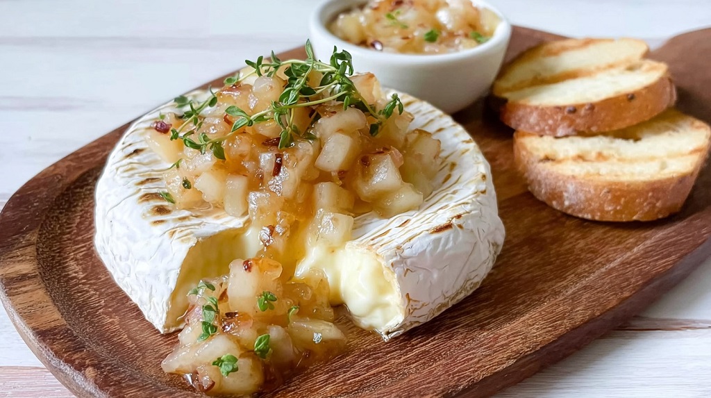 Warm baked brie topped with apple chutney and fresh herbs