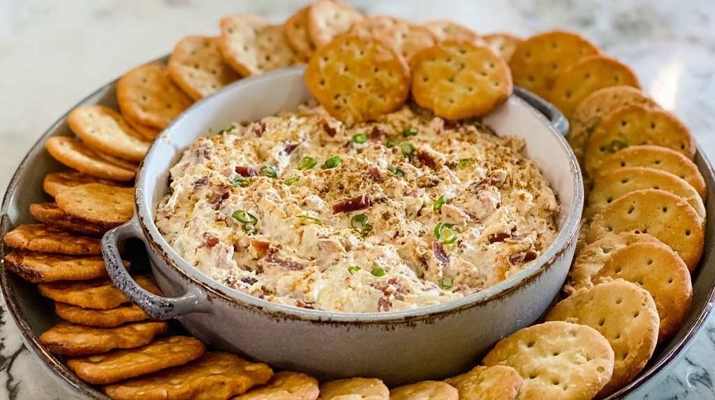 Creamy beef jerky dip surrounded by crunchy crackers