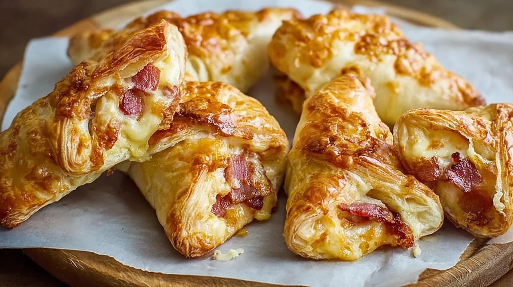 Golden cheese and bacon puff pastry snacks on parchment