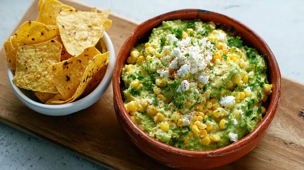 Corn and guacamole dip topped with cheese and served with tortilla chips