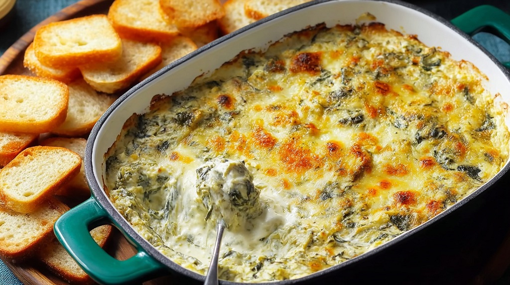 Hot spinach and artichoke dip with toasted bread slices