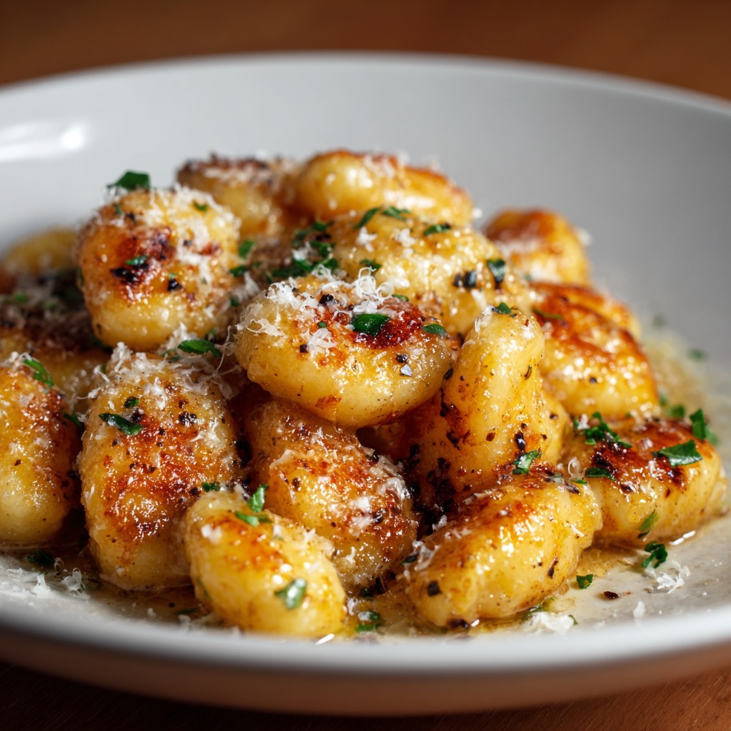 Close-up of air fryer gnocchi with a golden crust, garnished with parsley and grated parmesan