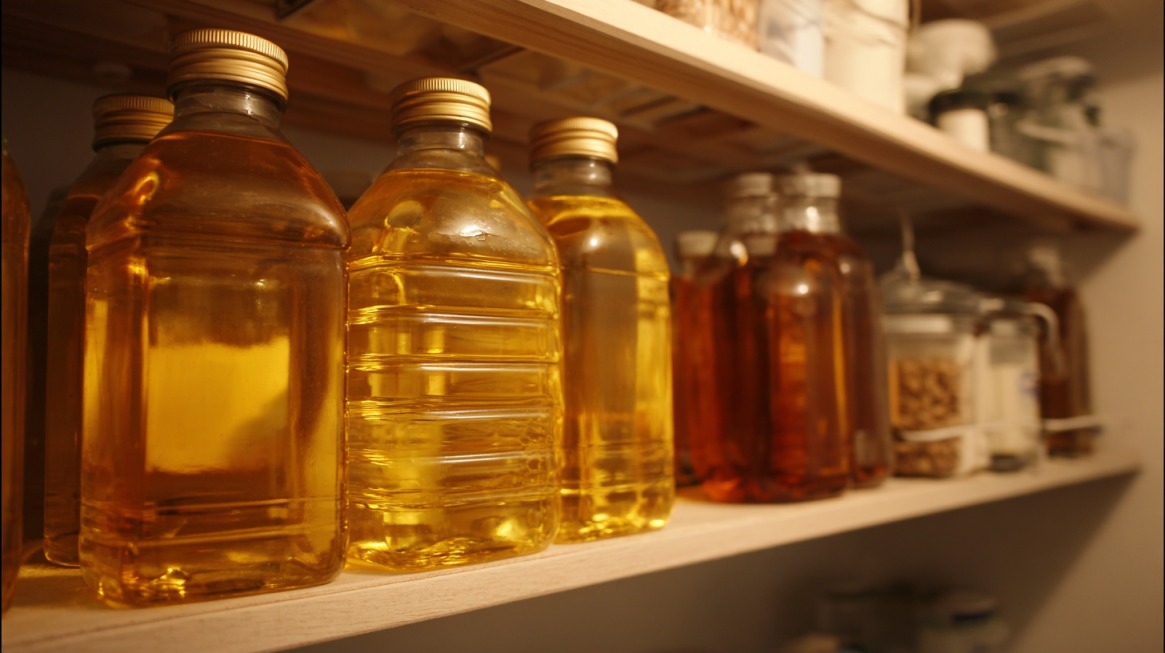 Plastic and glass bottles filled with various cooking oils and fats lined up on a pantry shelf