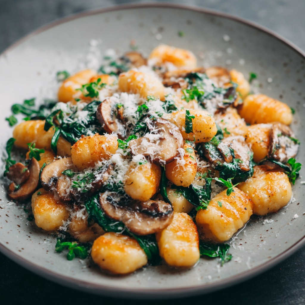 Crispy air fryer gnocchi served with sautéed mushrooms, spinach, and shaved parmesan on a ceramic plate