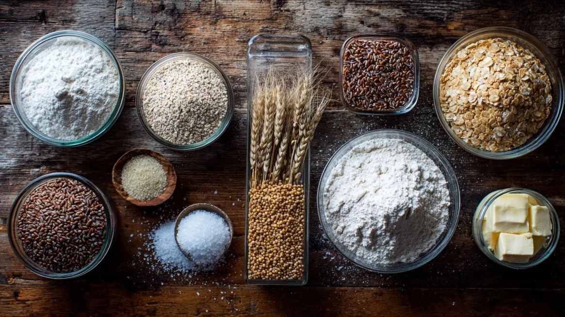 Various grains, flours, oats, seeds, butter, salt, and sugar arranged in glass bowls on a rustic wooden table