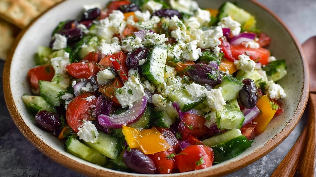 Bowl of colorful Greek salad topped with feta cheese, Kalamata olives, cucumbers, and bell peppers