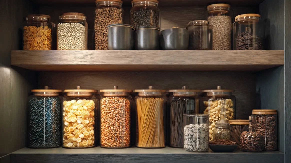Wooden pantry shelves neatly lined with glass jars containing various dry goods, pasta, beans, and spices