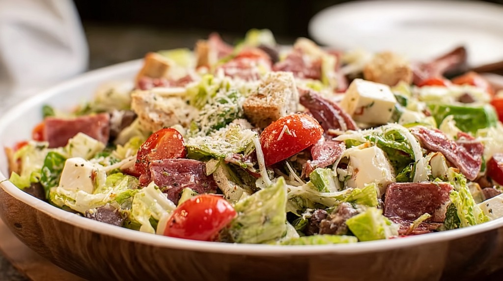 Close-up of Italian grinder salad with chopped lettuce, tomatoes, cheese cubes, and sliced salami