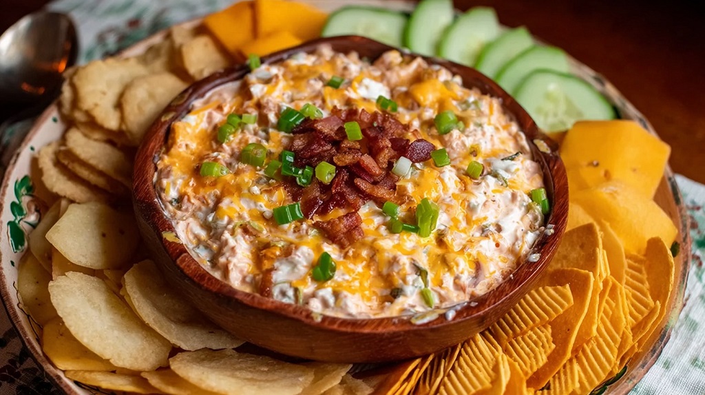 Cheesy bacon dip surrounded by chips, cucumbers, and cheddar slices