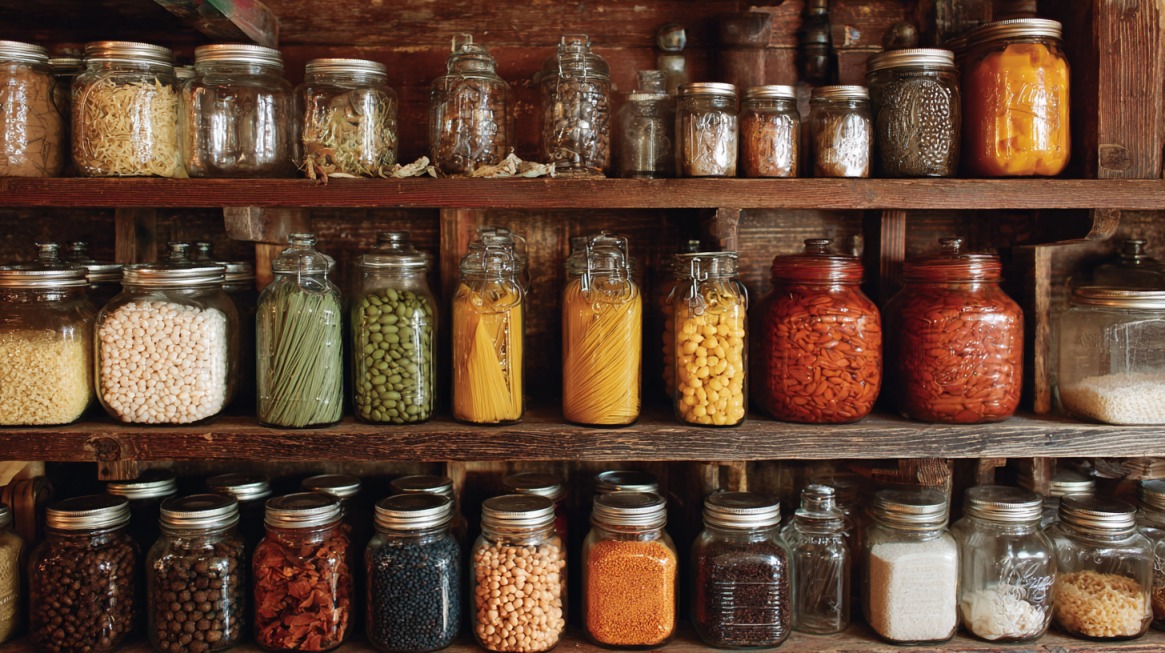 Rustic wooden shelves lined with glass jars filled with dried pasta, beans, spices, and preserved vegetables
