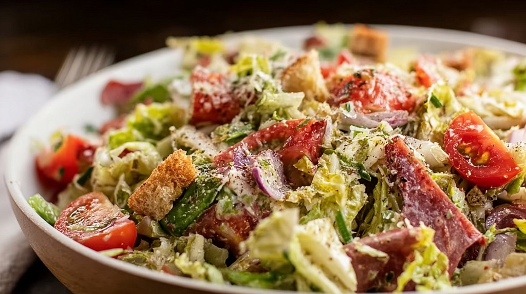 Close-up of Italian grinder salad with chopped lettuce, tomatoes, salami slices, red onion, croutons, and grated cheese