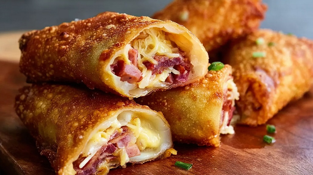 Crispy egg rolls stuffed with corned beef, sauerkraut, and cheese