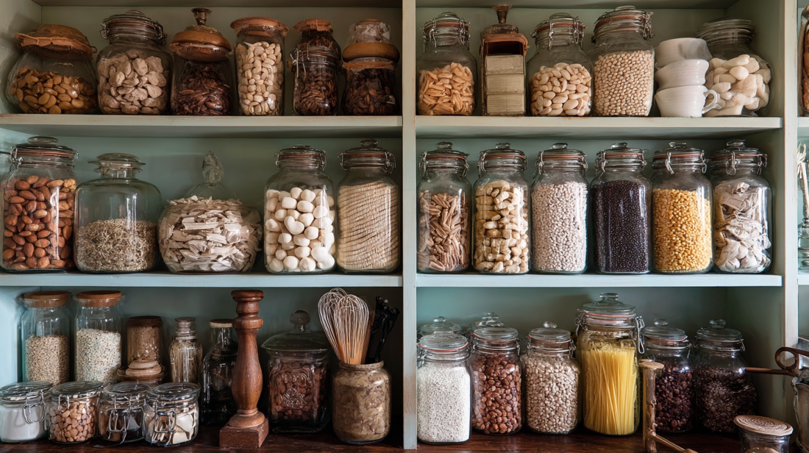 Glass jars on a mint-green shelf filled with specialty pantry items like dried pasta, beans, nuts, and spices
