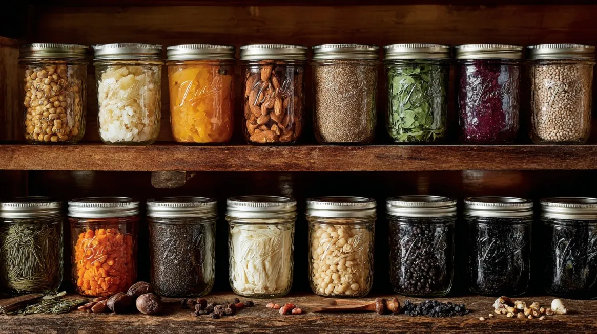 Glass jars filled with a variety of dried herbs, seeds, fruits, nuts, and legumes arranged on rustic wooden shelves