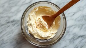 Glass bowl with horseradish sauce mixture, sprinkled with spices and stirred with a wooden spoon