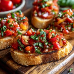 Toasted bread topped with diced tomatoes, basil, and olive oil on a wooden board