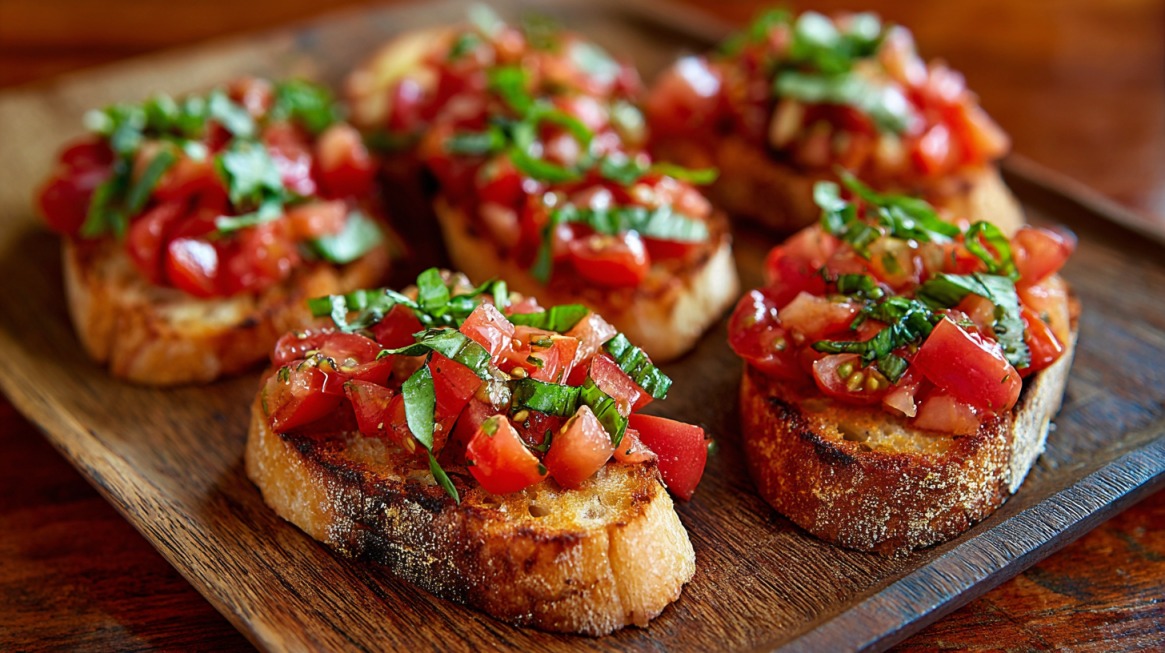 Platter of toasted bread topped with diced tomatoes and fresh basil