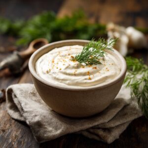 Bowl of homemade creamy horseradish sauce garnished with fresh dill