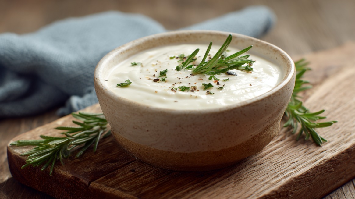 Bowl of creamy horseradish sauce topped with fresh rosemary and parsley on a wooden board