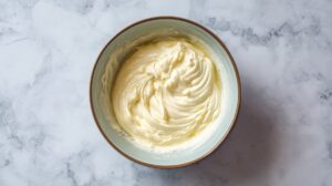 Bowl with freshly prepared creamy sauce mixture on a marble surface
