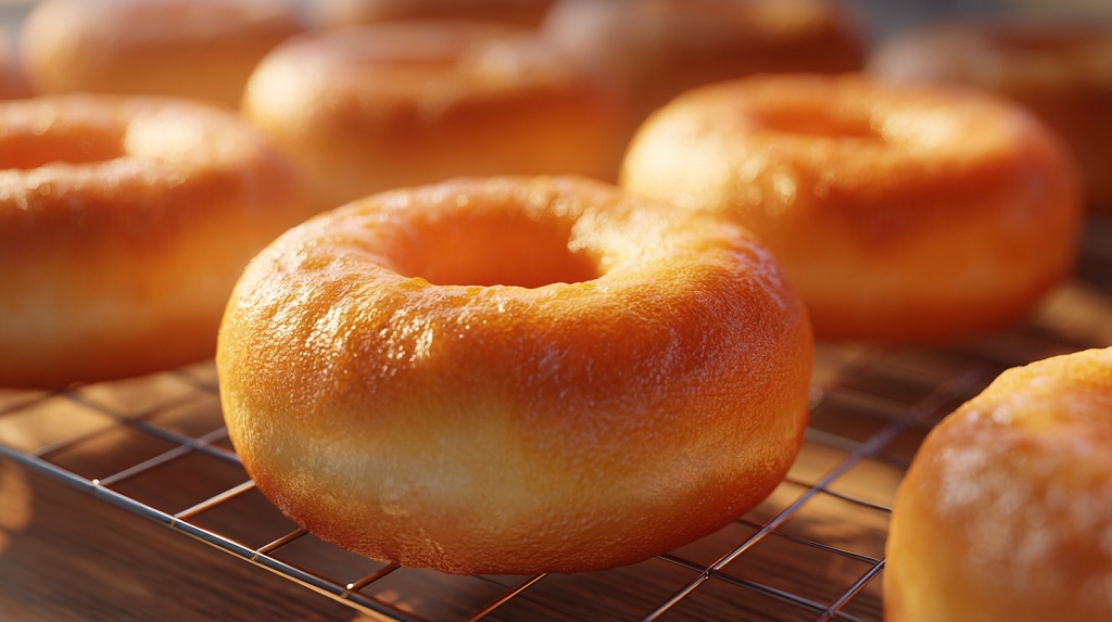 Close-up of protein donuts on a cooling rack, golden brown and fluffy, a healthier high-protein snack option