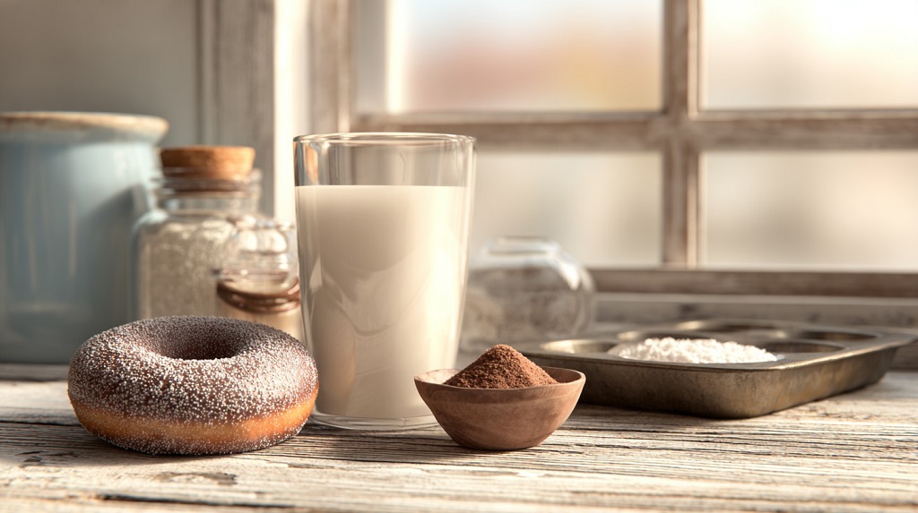 Protein donut ingredient swaps like milk, cocoa, protein powder, and sugar substitute on a wooden counter