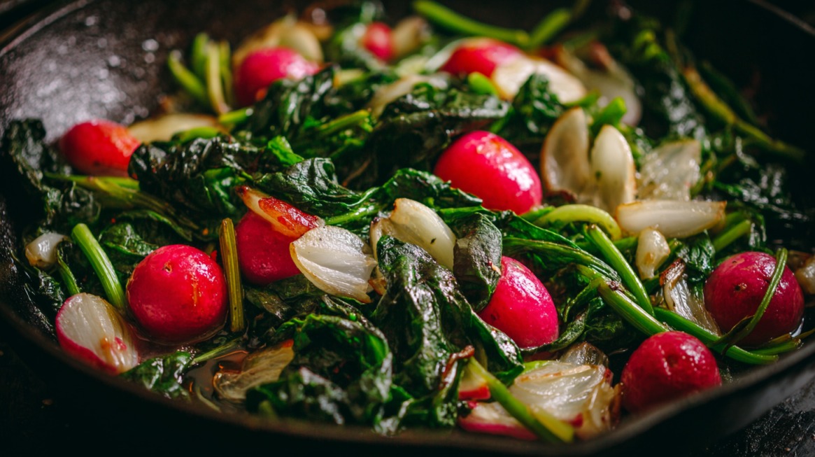 A skillet filled with sautéed radishes, their leafy greens, and caramelized onions, glistening with oil and seasoning
