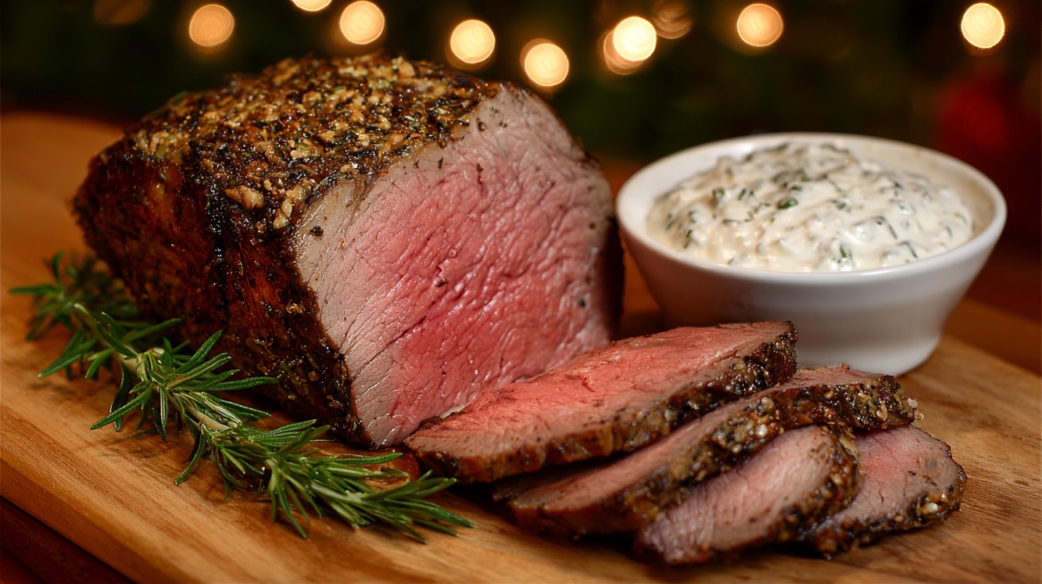 Sliced roast beef garnished with rosemary, accompanied by a bowl of horseradish sauce