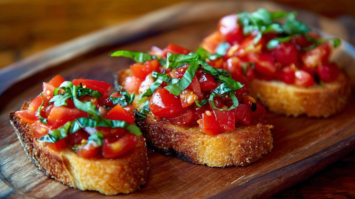 Slices of toasted bread topped with tomato and basil on a wooden tray