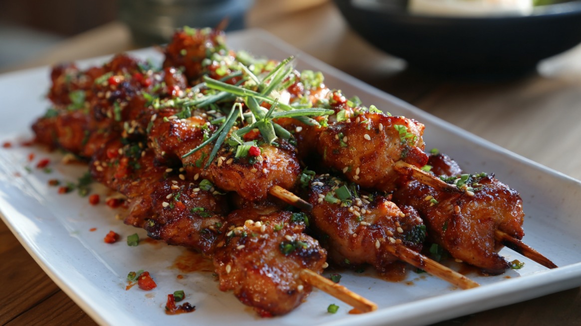 Plate of Korean garlic butter chicken skewers glazed with sauce, topped with sesame seeds, chopped herbs, and garnished with fresh green onions