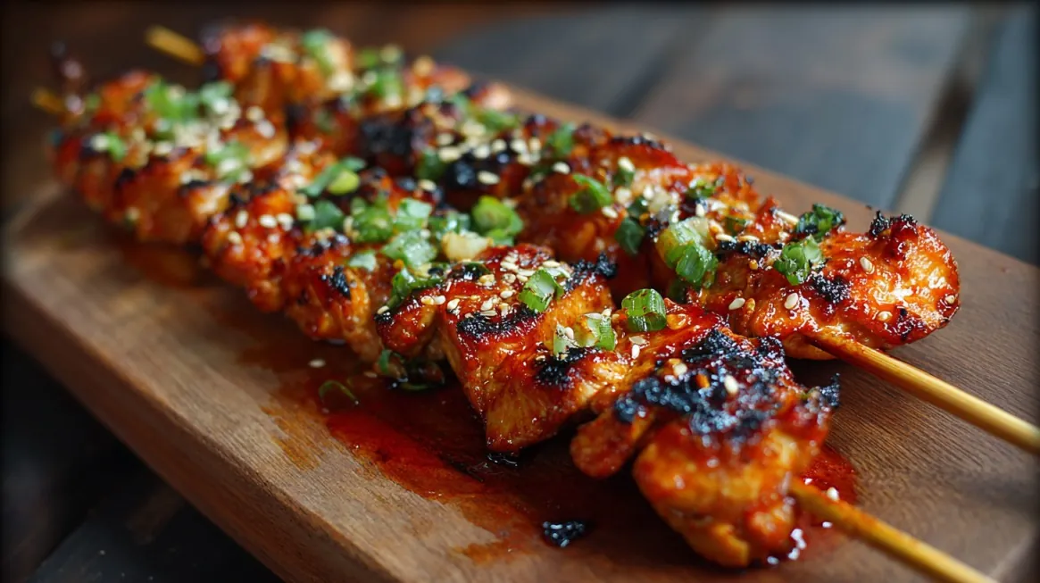 Close-up of Korean-style grilled chicken skewers coated in garlic butter glaze, garnished with sesame seeds and chopped green onions, served on a wooden board
