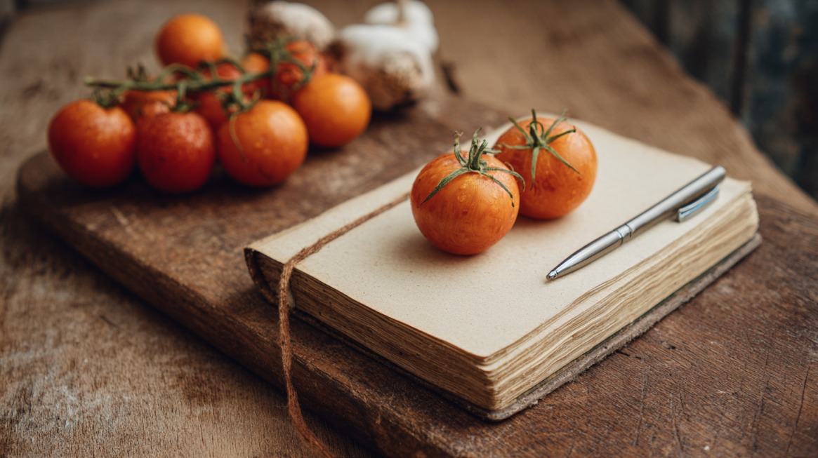 Close-up of fresh tomatoes resting on a rustic notebook with a pen, symbolizing a creative and personalized approach to nutrition journaling