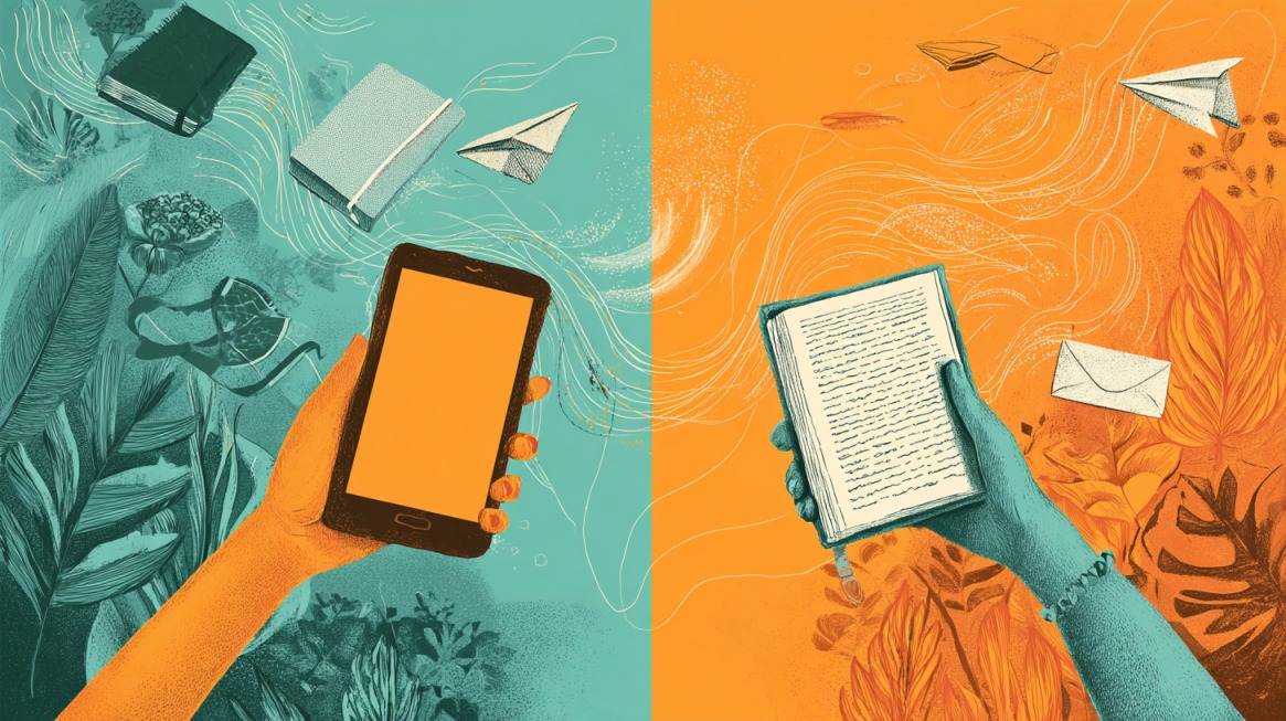 Illustration of a hand holding a smartphone on one side and a hand holding a paper journal on the other, symbolizing the choice between digital and paper nutrition tracking