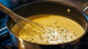 A saucepan with creamy lemon sauce being whisked, sprinkled with herbs