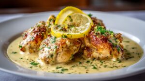 Plate of creamy lemon chicken topped with fresh parsley and lemon slices