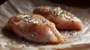Raw chicken breasts seasoned with salt, pepper, garlic, and spices on parchment paper