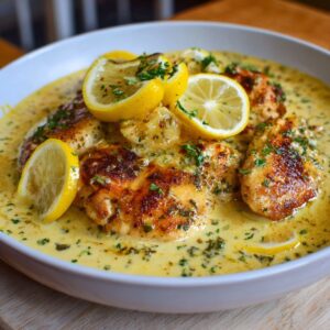 Plate of creamy lemon chicken garnished with lemon slices and fresh parsley