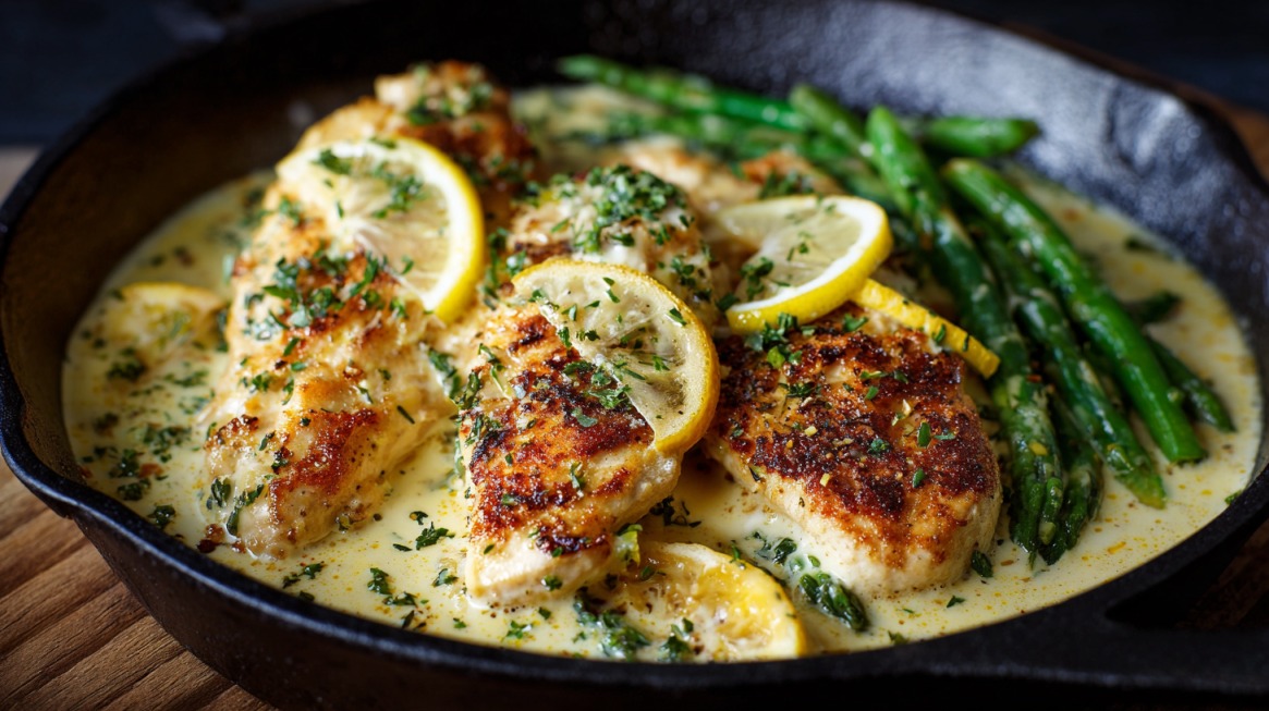 Skillet of creamy lemon chicken garnished with lemon slices, herbs, and asparagus