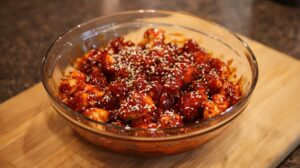 Close-up of marinated chicken pieces in a glass bowl, coated in a glossy red garlic butter sauce with sesame seeds sprinkled on top