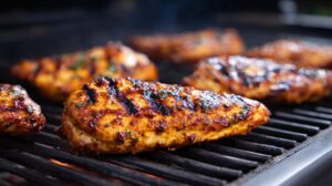 Chicken breasts sizzling on an outdoor grill with visible char marks.