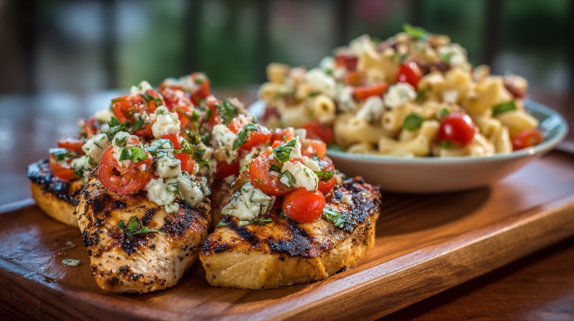 Plate of grilled chicken topped with bruschetta mix of tomatoes, basil, and cheese, served alongside a bowl of caprese pasta salad