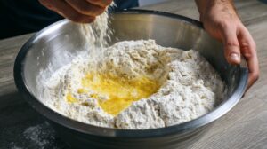 Flour, eggs, and ingredients being mixed in a large bowl to make cinnamon roll dough