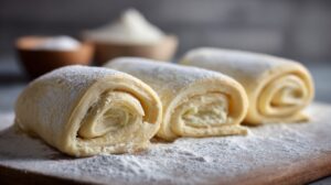 Close-up of unbaked cinnamon rolls on a floured board, dusted with flour
