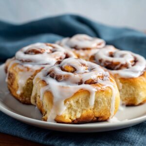Freshly baked cinnamon rolls topped with sweet icing on a plate
