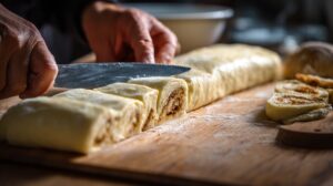 Hands slicing rolled dough into cinnamon rolls on a wooden board