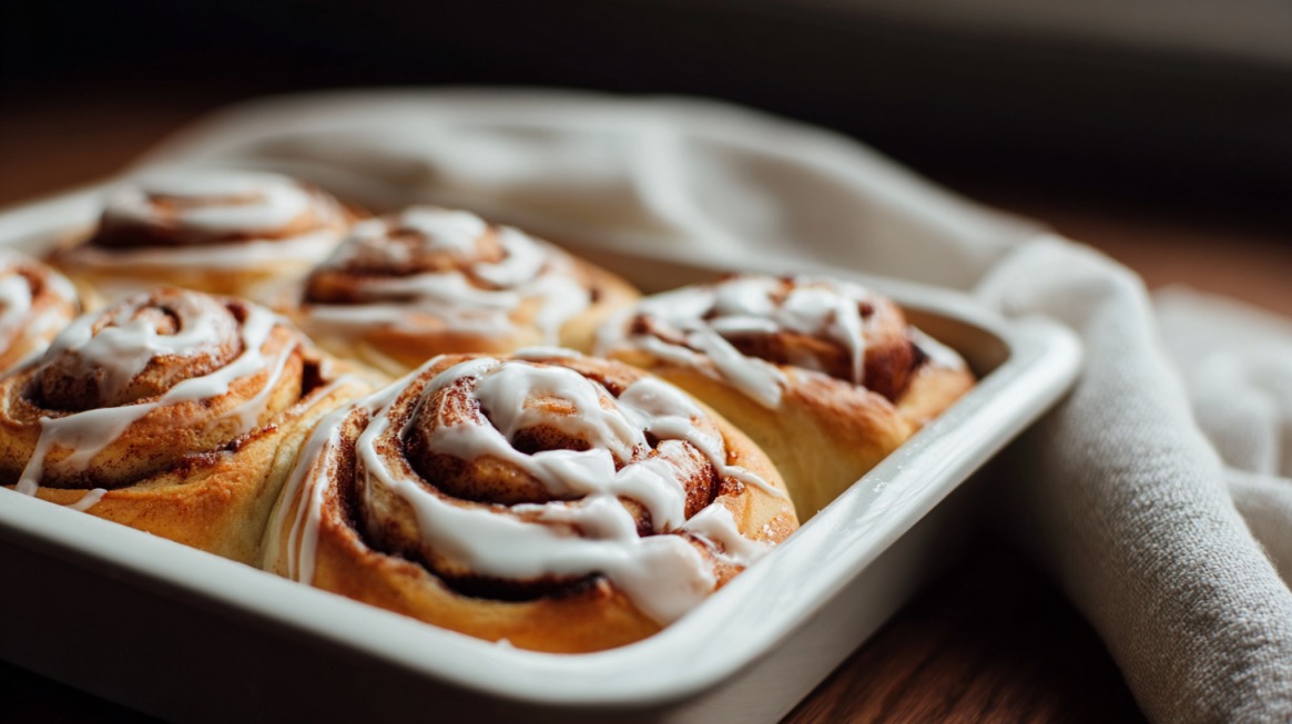 Freshly baked cinnamon rolls in a white dish, topped with icing glaze