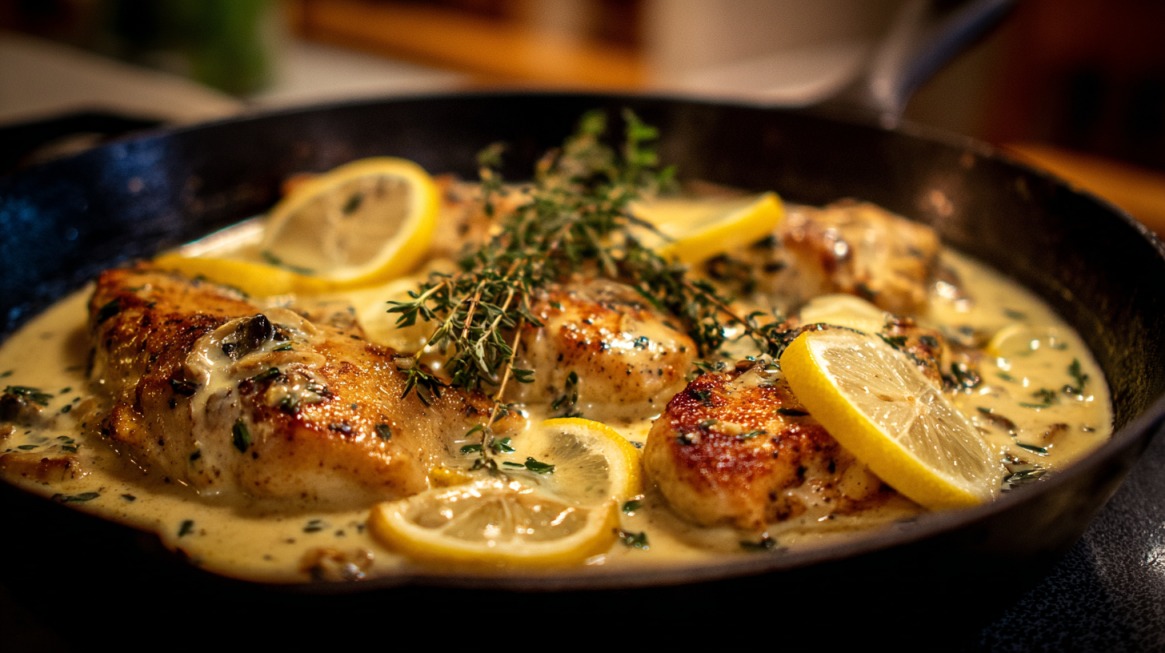 Skillet of creamy lemon chicken garnished with lemon slices and fresh thyme