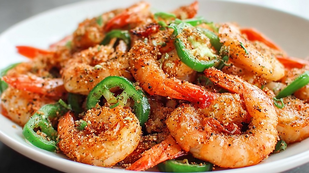 Crispy fried shrimp topped with sliced green peppers and seasoning on a white plate